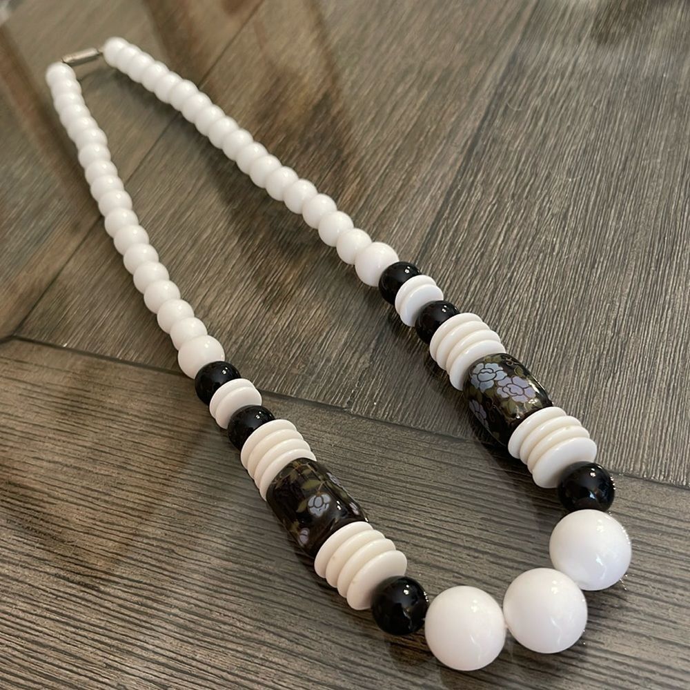 Vintage Black & White Beaded Necklace with Ceramic Rectangle Floral Beads